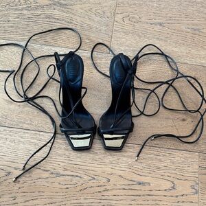 SCHUTZ Black Lace-Up Heeled Sandals with Gold Accent